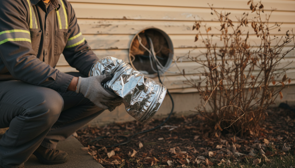 technician performing vent repair near me on a crushed dryer duct