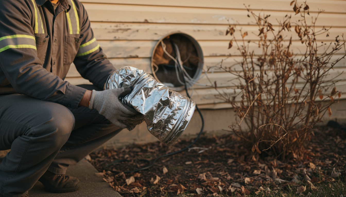 technician performing vent repair near me on a crushed dryer duct