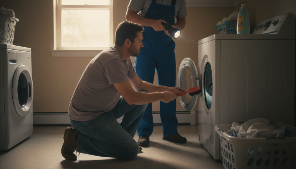 homeowner comparing DIY lint removal to professional vent repair near me