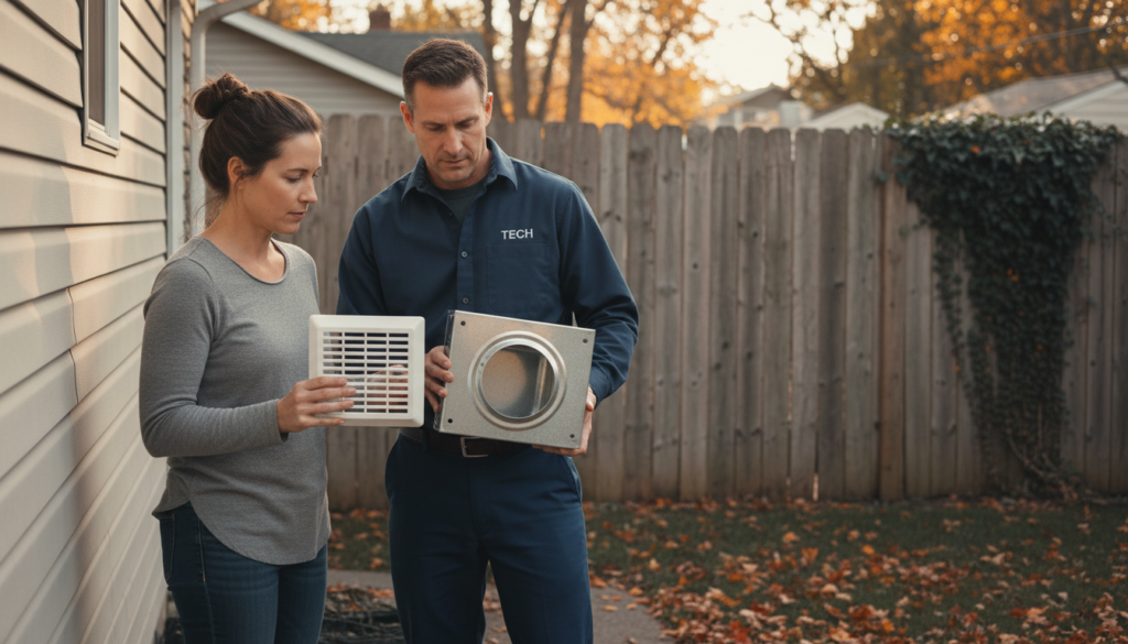 homeowner comparing DIY vent cover vs professional dryer wall box installation
