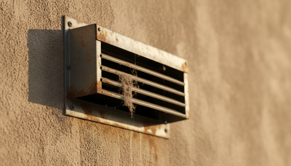 exterior dryer exhaust wall box hood mounted on stucco siding