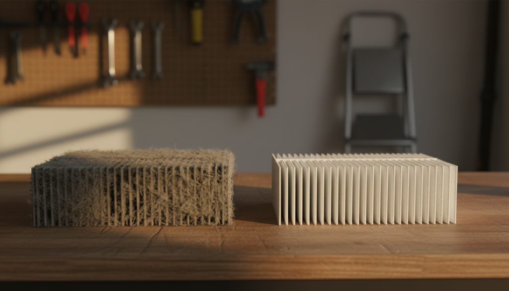 clogged air filter next to a clean replacement filter