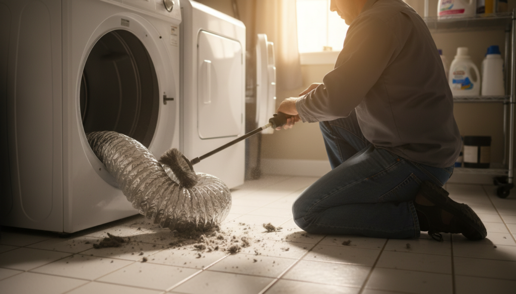 dryer duct cleaning crystal river technician clearing lint from flexible duct