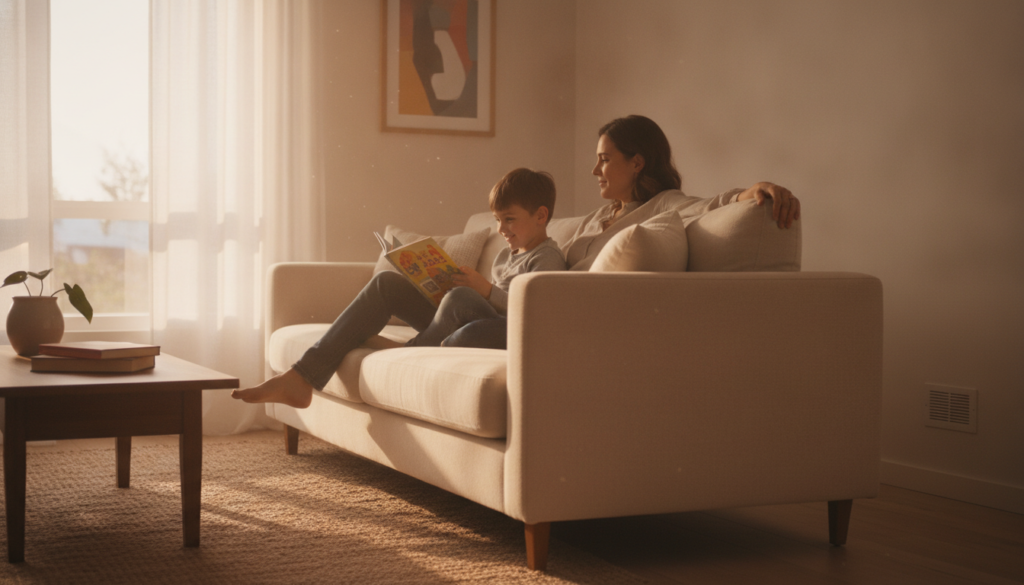 family relaxing in a clean, comfortable living room