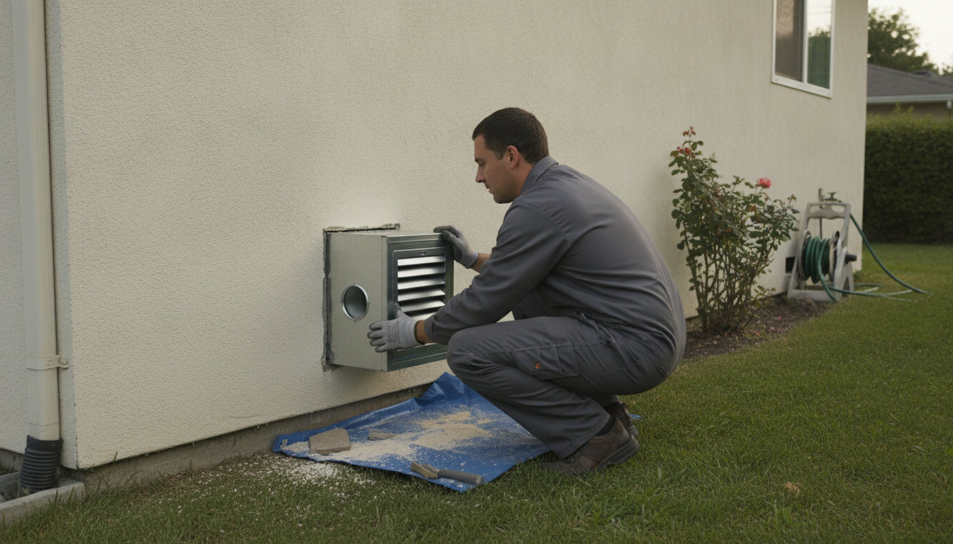 technician installing a dryer duct wall box in an exterior wall
