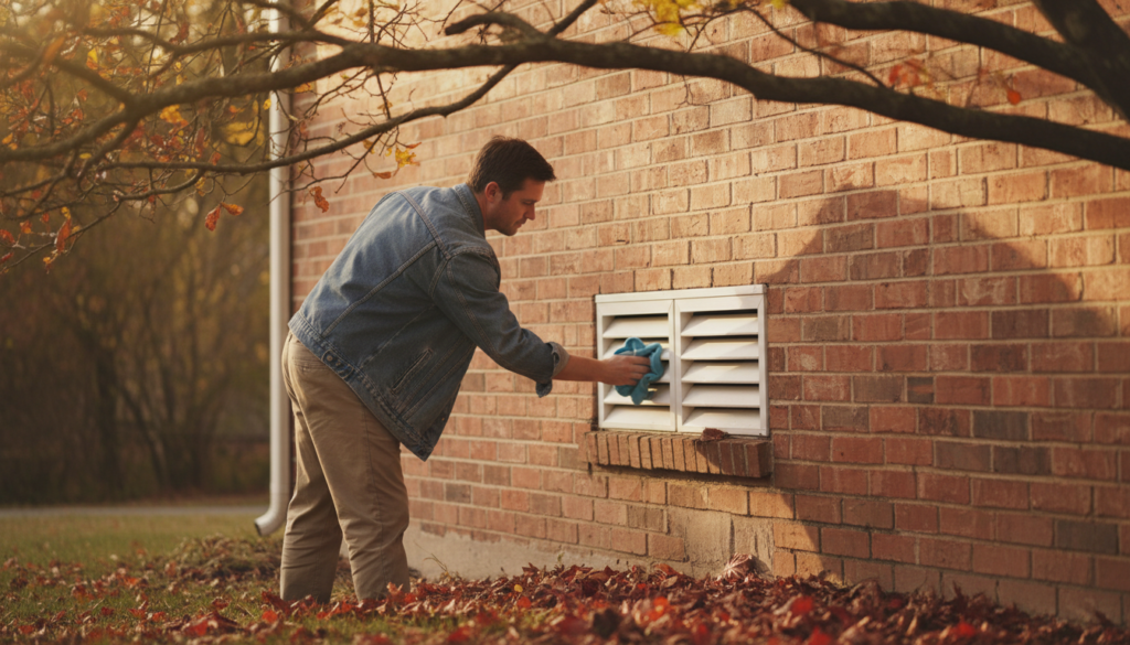 homeowner cleaning the exterior flap of a wall vent hood