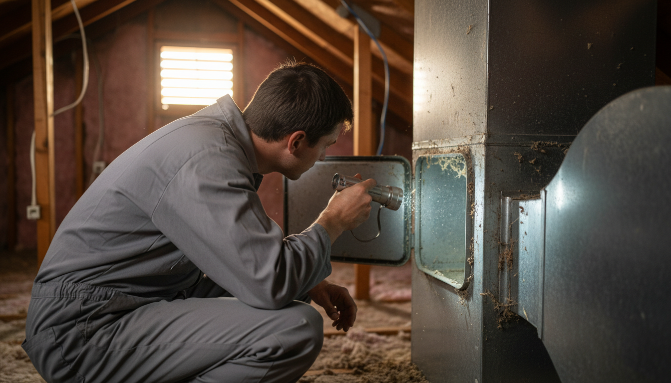 technician inspecting ductwork showing how air conditioning impacts your health & indoor air