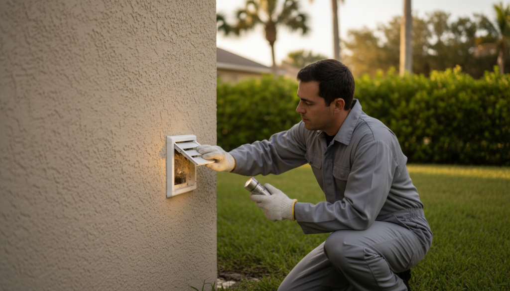 technician inspecting exterior dryer vent hood for lint blockage