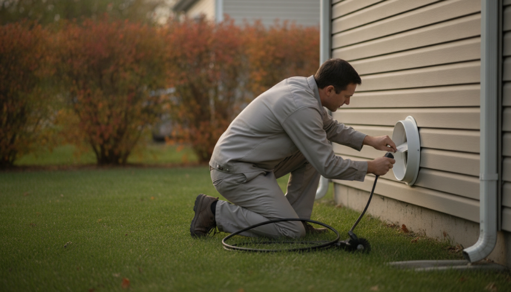 technician performing dyer vent cleaning near me on a residential exterior vent hood
